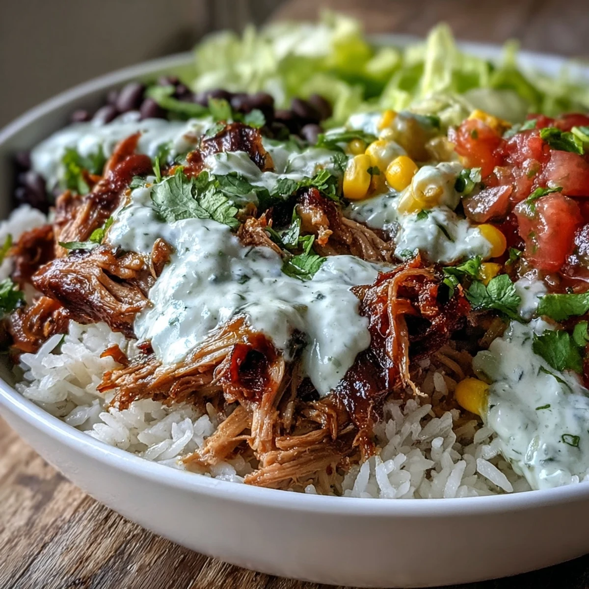 Close-up view of a Carnitas Burrito Bowl drizzled with tangy lime crema and fresh cilantro.