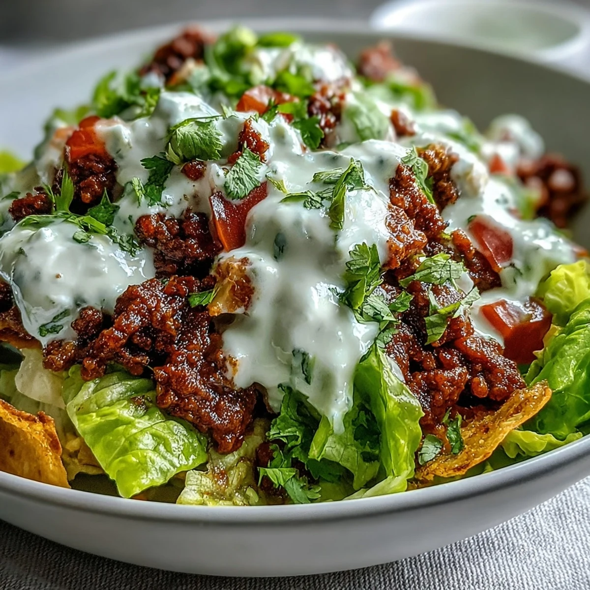 A vibrant Healthy Taco Bowl with seasoned ground beef, crisp lettuce, tomatoes, and radishes, topped with creamy lime yogurt crema and fresh cilantro.