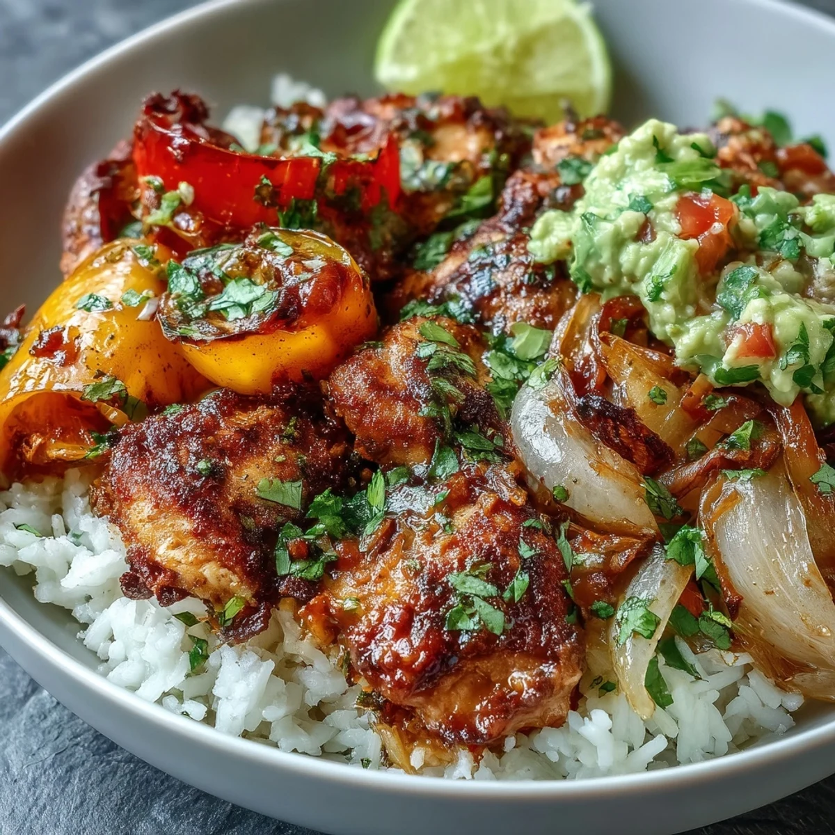 Golden-brown chipotle chicken and roasted red and yellow peppers, spooned over fluffy white rice in a ceramic bowl.