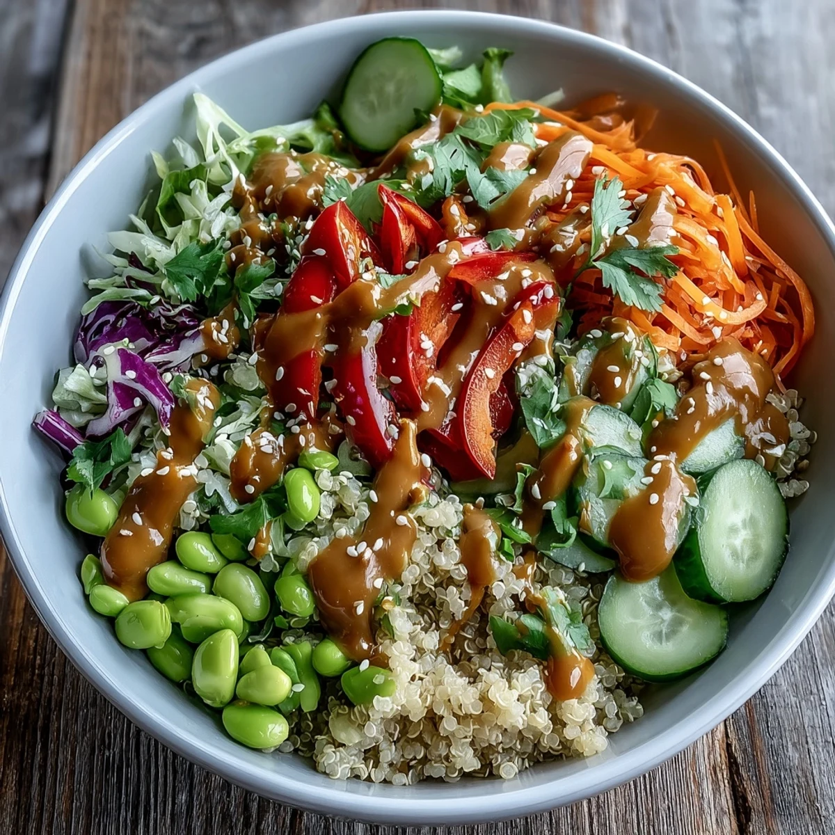 Thai Coconut Quinoa Bowl served in a white bowl with bright red bell peppers, shredded carrots, and crisp purple cabbage.