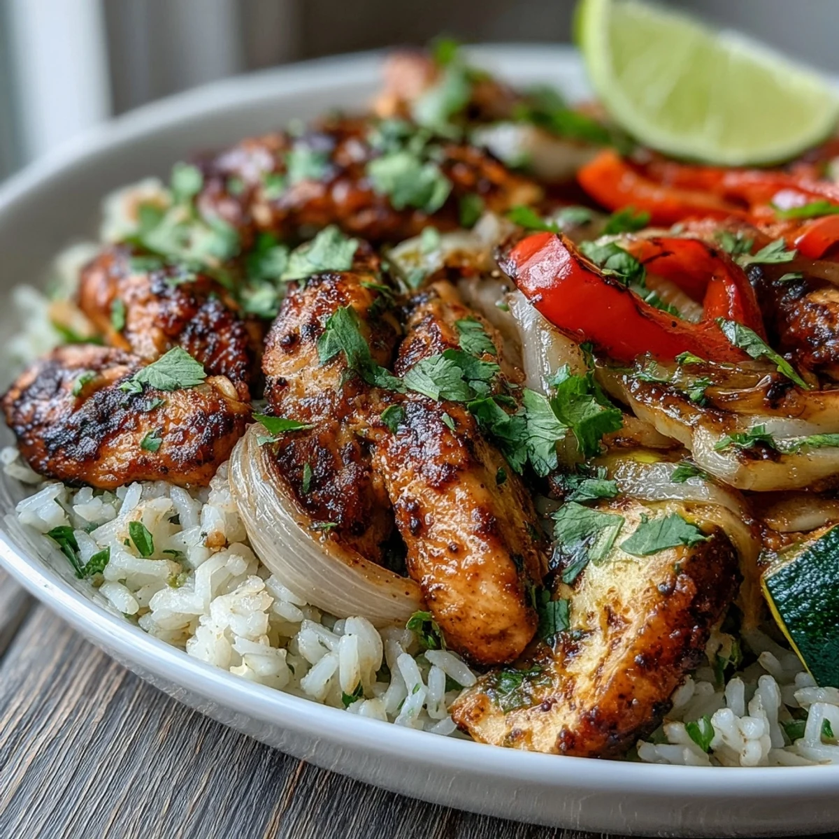Vibrant Sheet Pan Fajita Bowl showcasing seasoned roasted chicken and caramelized red onions mixed with zucchini, served over a bed of steaming rice and topped with fresh pico de gallo and salsa.