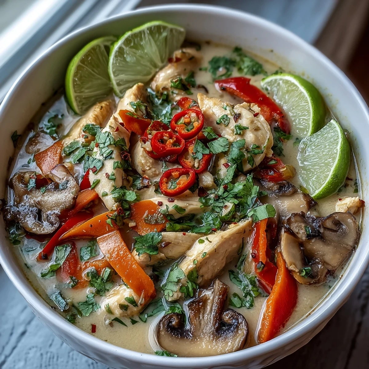 Thai Coconut Curry Soup Bowl steaming in a creamy bowl, loaded with tender chicken, mushrooms, and vibrant carrots, perfect for a cozy lunch.