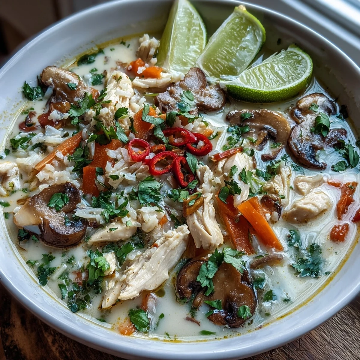 Thai Coconut Curry Soup Bowl served with steamed jasmine rice, featuring colorful vegetables and aromatic broth, ready to enjoy with chopsticks.