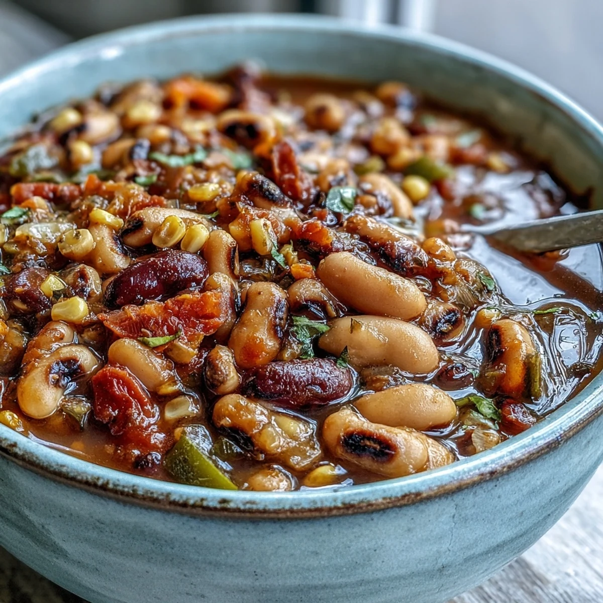Steaming bowls of Black-Eyed Pea Chili feature tender peas and colorful diced vegetables in a rich, reddish-brown sauce.