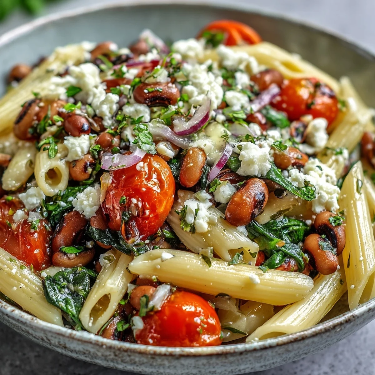 Black-Eyed Pea Pasta with feta, cherry tomatoes, and fresh herbs in a rustic bowl.