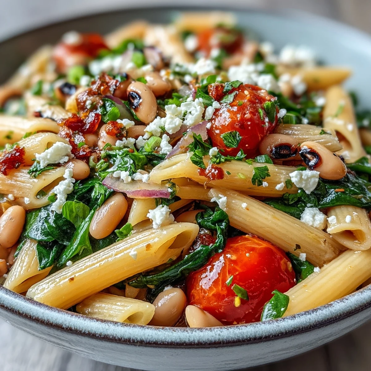 A bowl of Black-Eyed Pea Pasta features wilted spinach and a drizzle of olive oil.