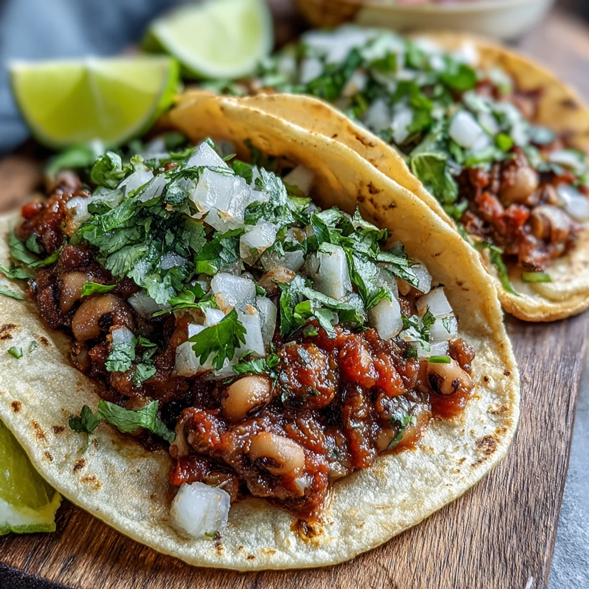 Close-up of Black-Eyed Pea Tacos garnished with cilantro and diced onion, ready to serve with zesty lime wedges on the side.