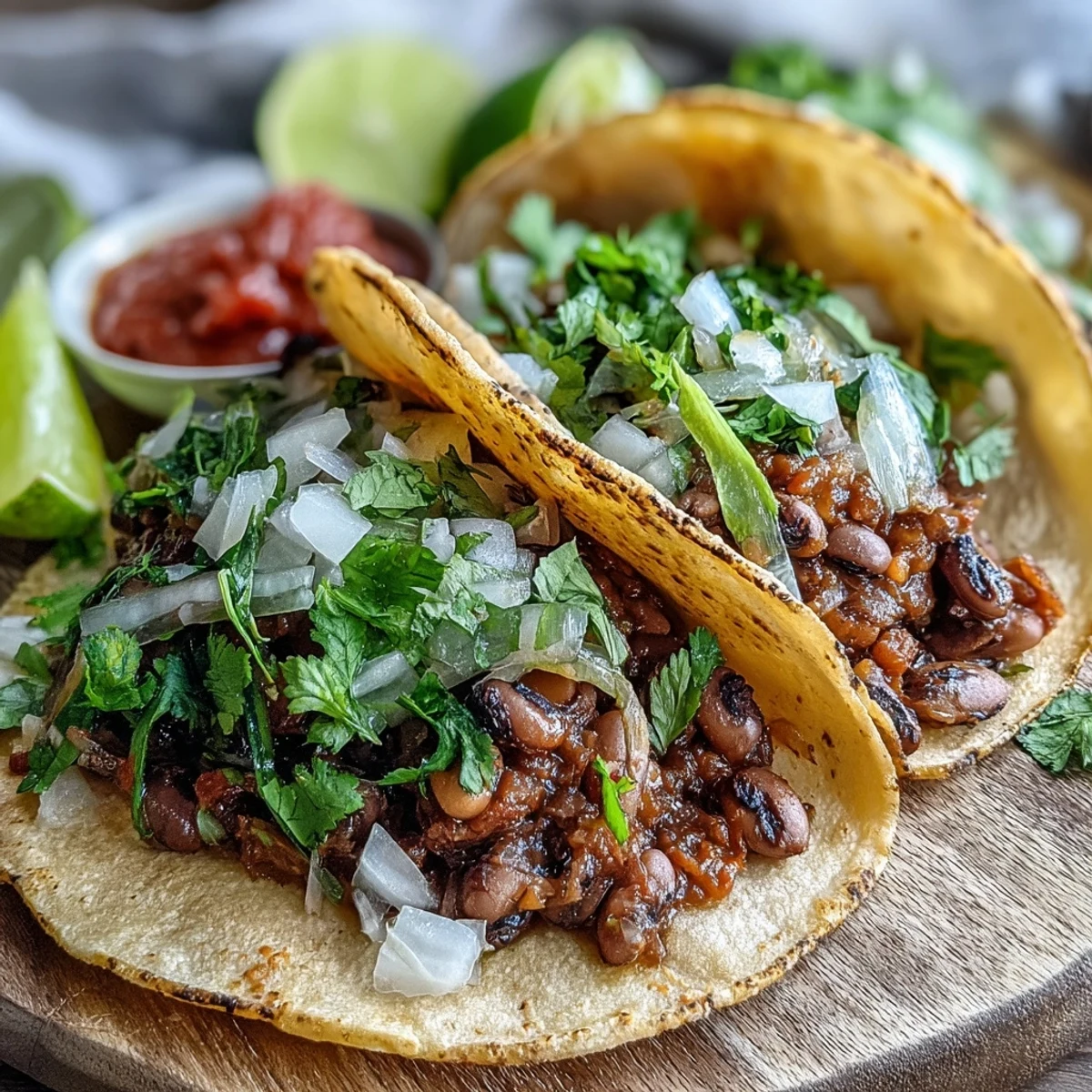 Warm flour tortillas stuffed with savory Black-Eyed Pea Tacos, topped with red salsa and fresh green cilantro on a plate.
