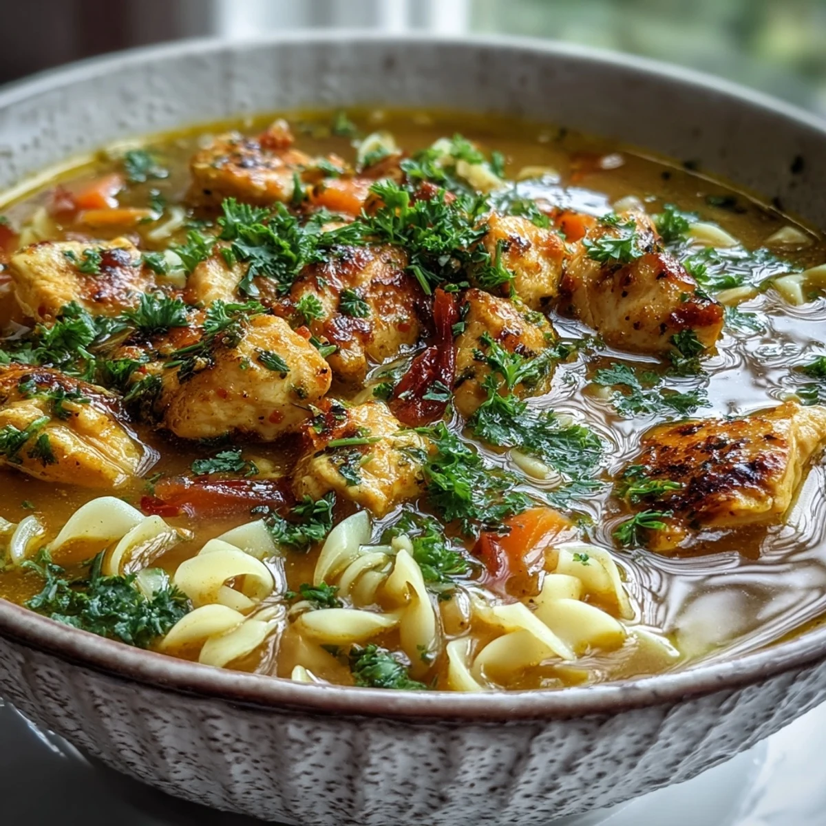 Hearty Ginger Turmeric Chicken Soup simmers in a large pot, blending aromatic vegetables, warm spices, and creamy coconut milk for a cozy meal.
