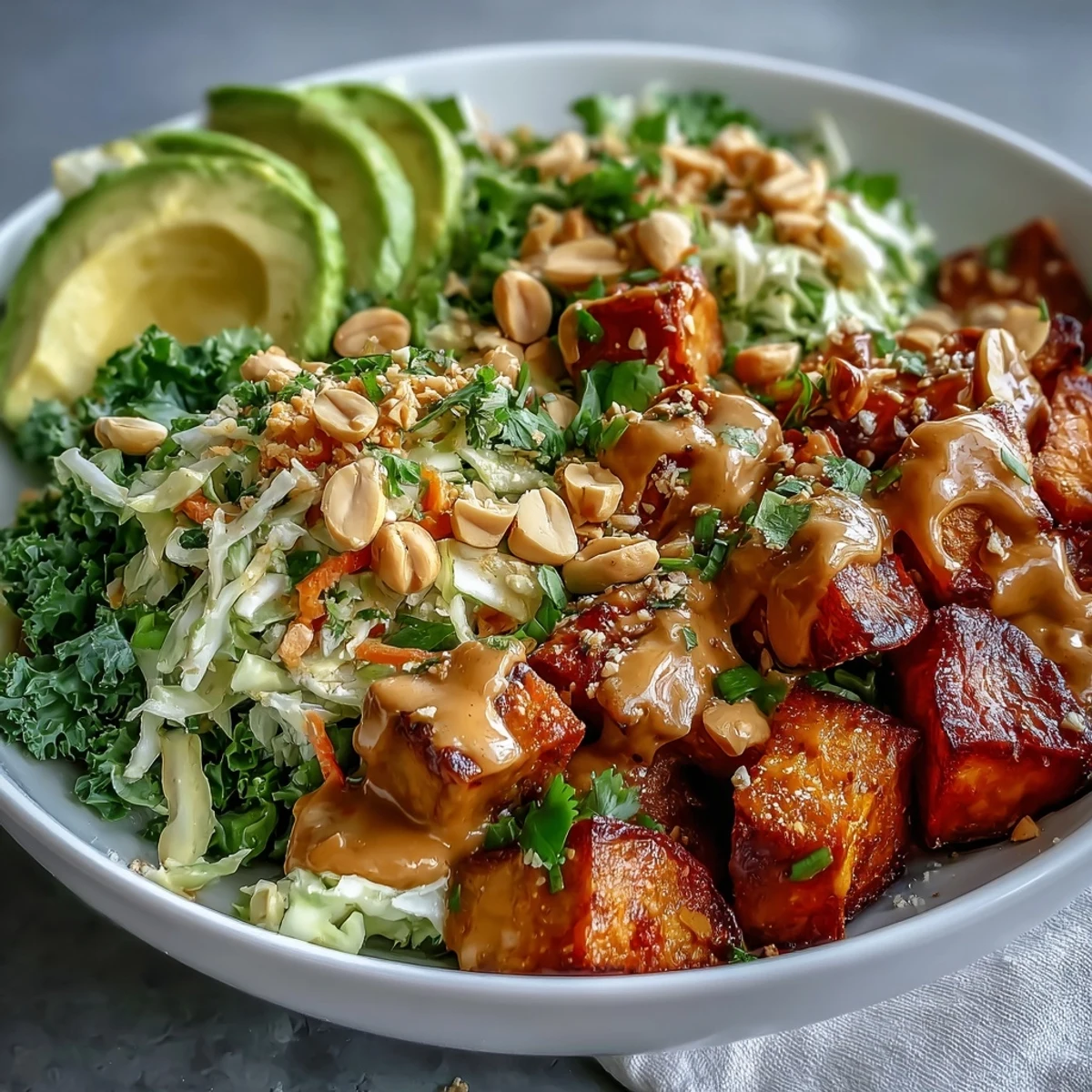 Drizzled creamy Thai Peanut Sweet Potato Buddha Bowl topped with chopped peanuts and cilantro, served alongside a small dipping bowl of peanut sauce.