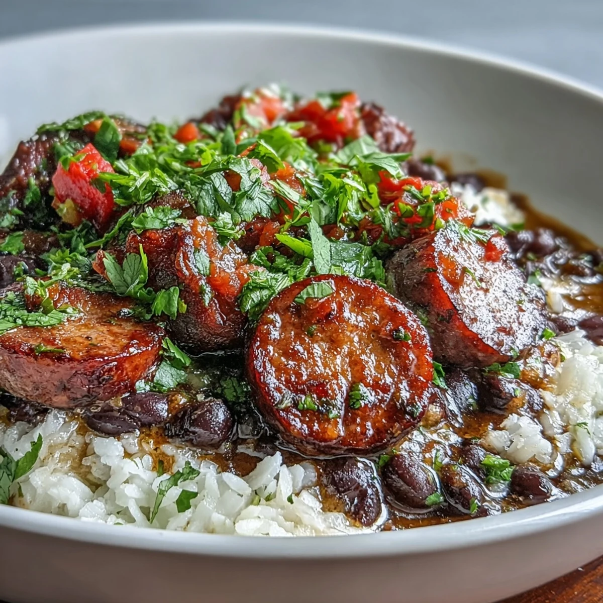 Ready-to-serve Black Beans, Sausage, and Rice Skillet sits in a rustic pan, garnished with fresh cilantro and lime wedges, perfect for a busy weeknight dinner alongside a cold beer.