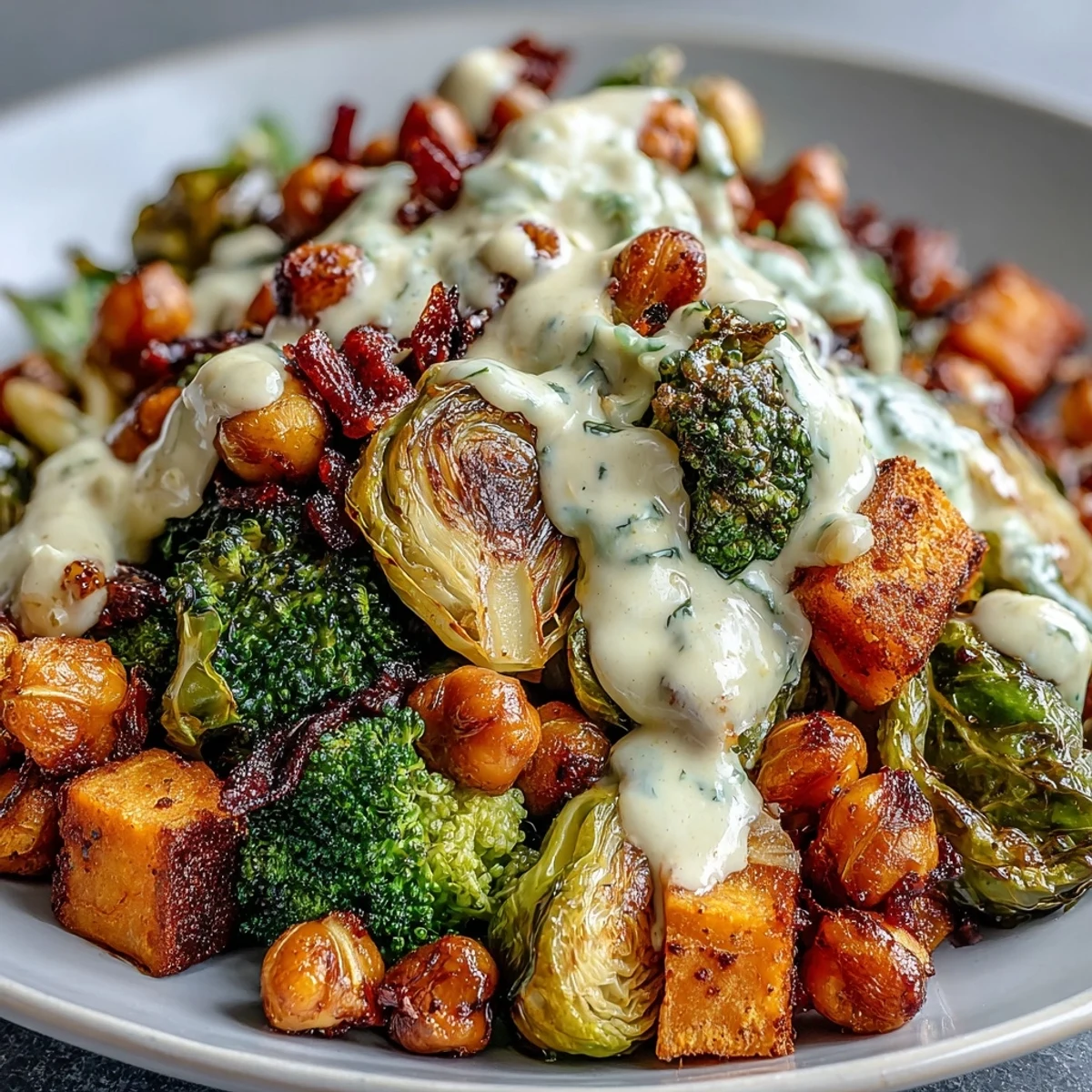 Roasted Veggie & Chickpea Bowls topped with creamy maple Dijon tahini dressing for a healthy, plant-based dinner.