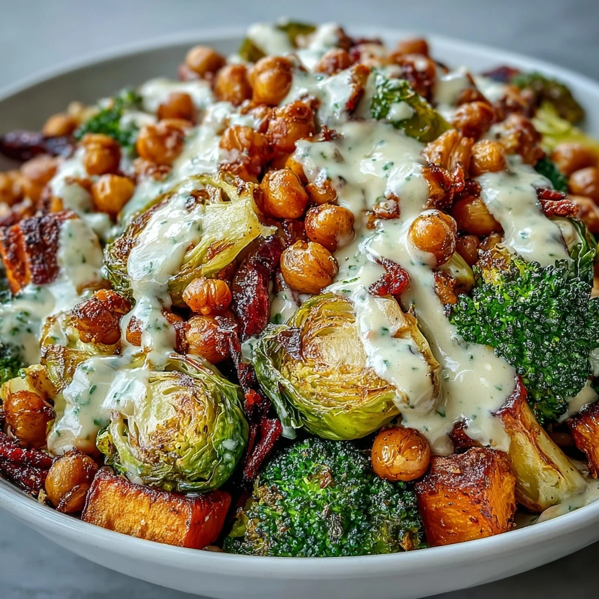Crispy roasted chickpeas and caramelized sweet potatoes in a Roasted Veggie & Chickpea Bowl, perfect for meal prep.