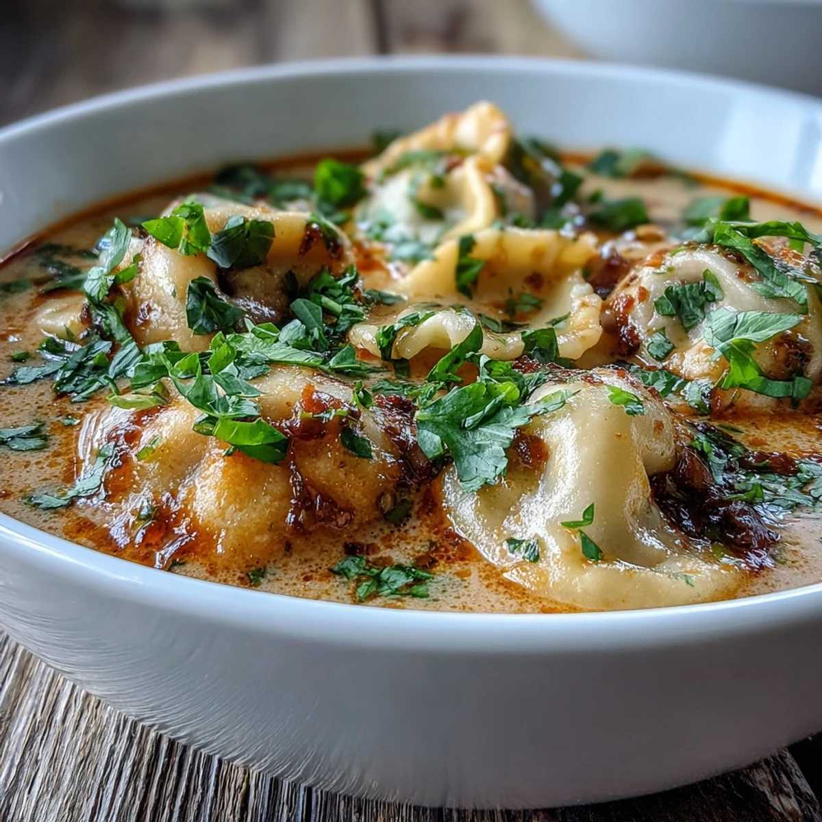 Quick Coconut Curry Soup with Dumplings steaming in a bowl with bright garnishes.