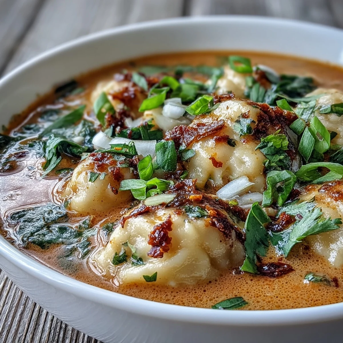 Spicy Quick Coconut Curry Soup with Dumplings served hot with scallions and crunchy garlic.