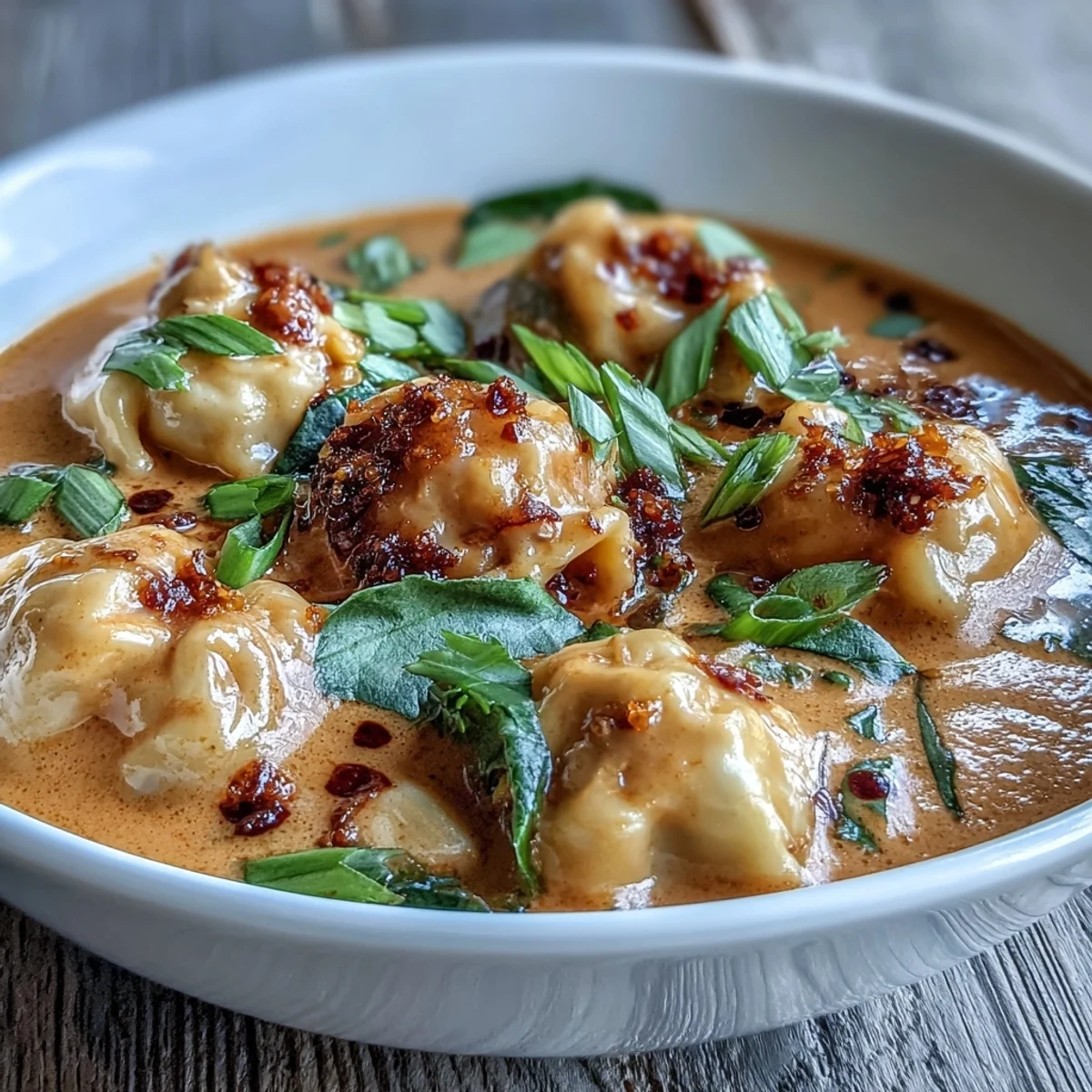 Coconut curry soup with dumplings garnished with cilantro and chili oil beside chopsticks.