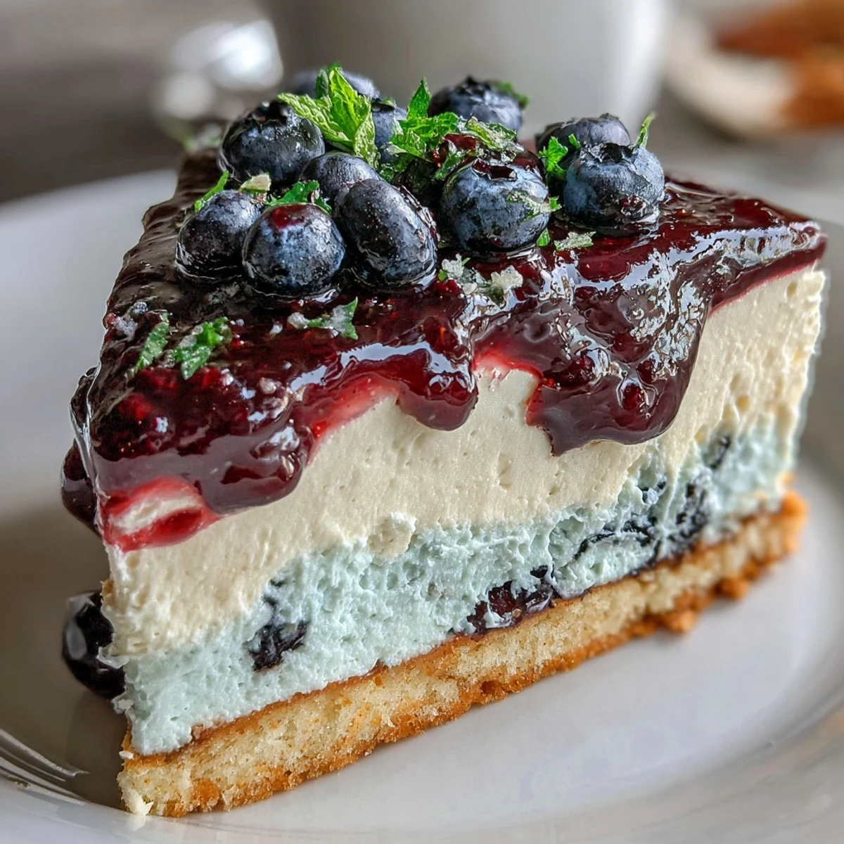Layers of tangy lemon mousse and purple blueberry compote sit on a crumbly shortbread base.