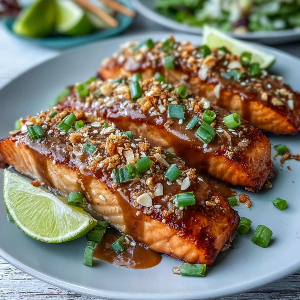 Golden-baked Bang Bang Salmon fillets are drizzled with creamy, spicy-sweet sauce and sprinkled with sesame seeds, served alongside lime wedges and fluffy rice.