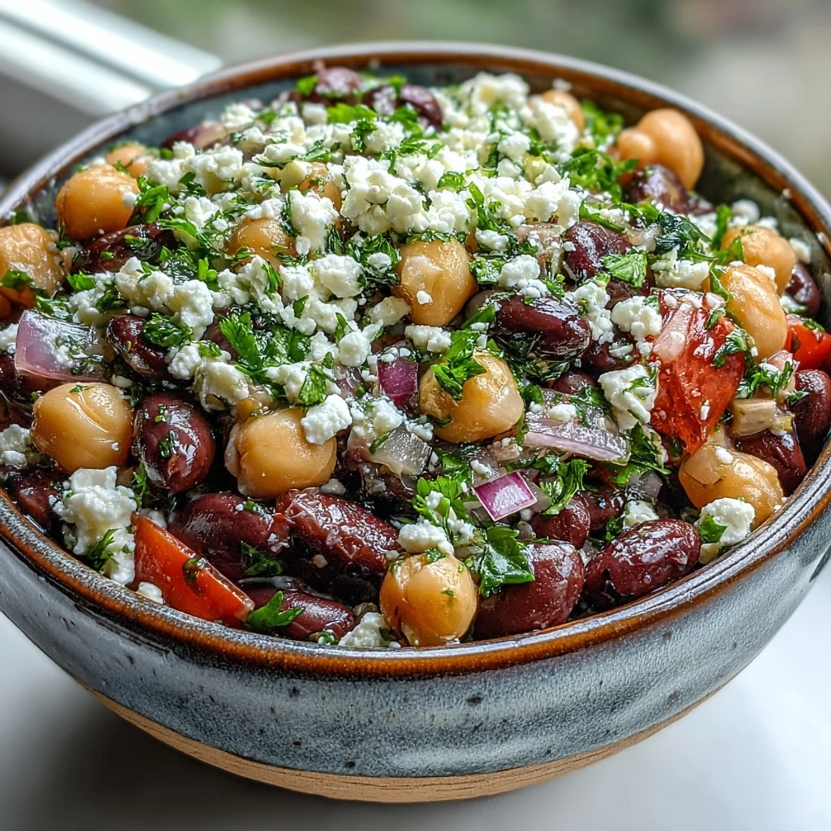 Freshly made Divorce Salad in a white bowl with chickpeas, black beans, crumbled feta, and chopped parsley.