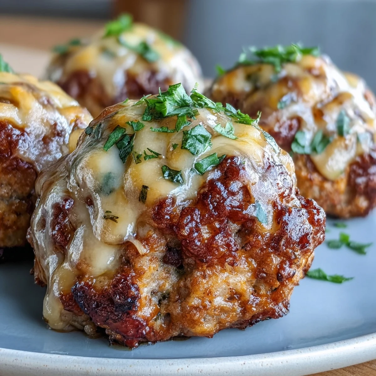 Golden-baked Rotel Sausage Balls fresh from the oven, featuring melted cheddar and specks of green chilies on a rustic wooden board.