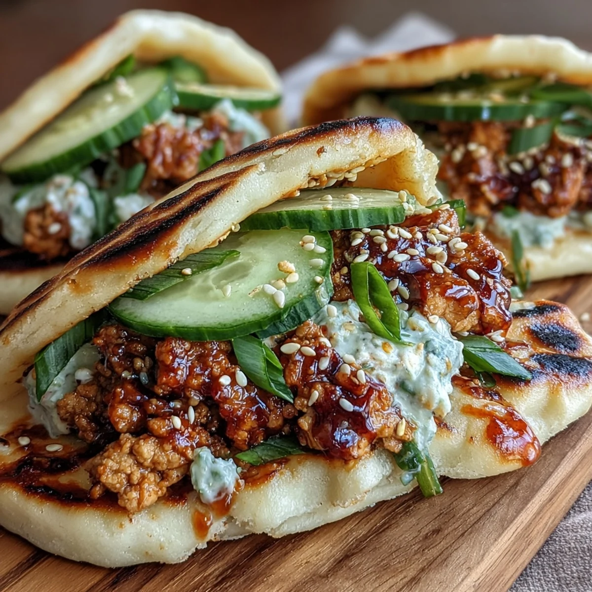 Golden-brown naan pockets overflowing with savory Korean turkey filling and creamy gochujang mayo.