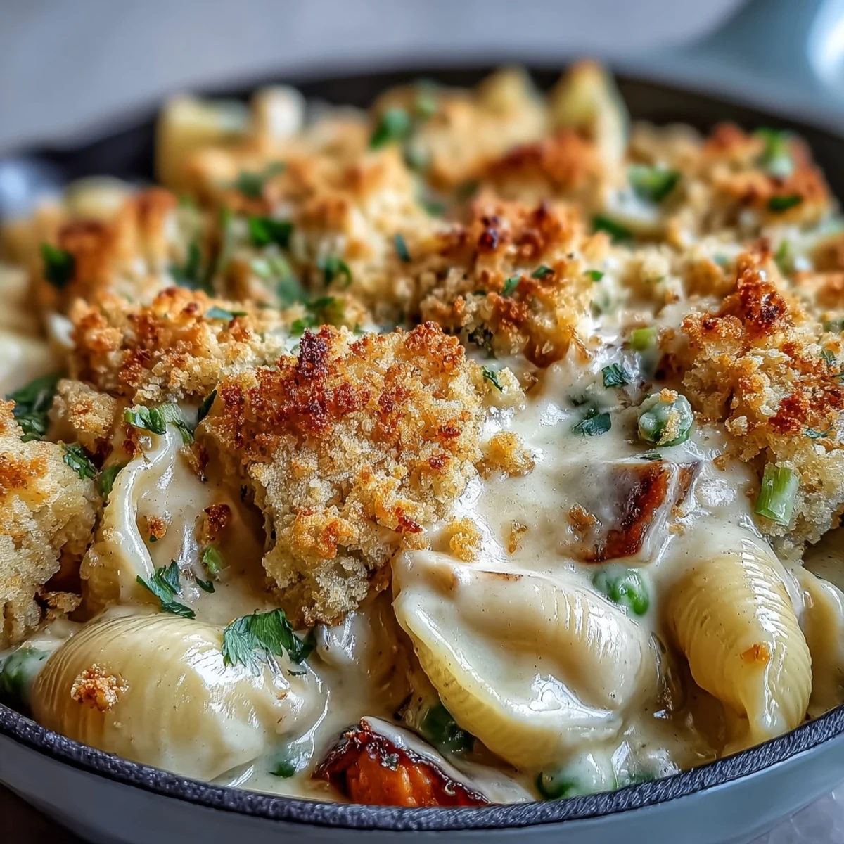 Creamy veggie pot pie pasta served hot with a crisp biscuit topping.