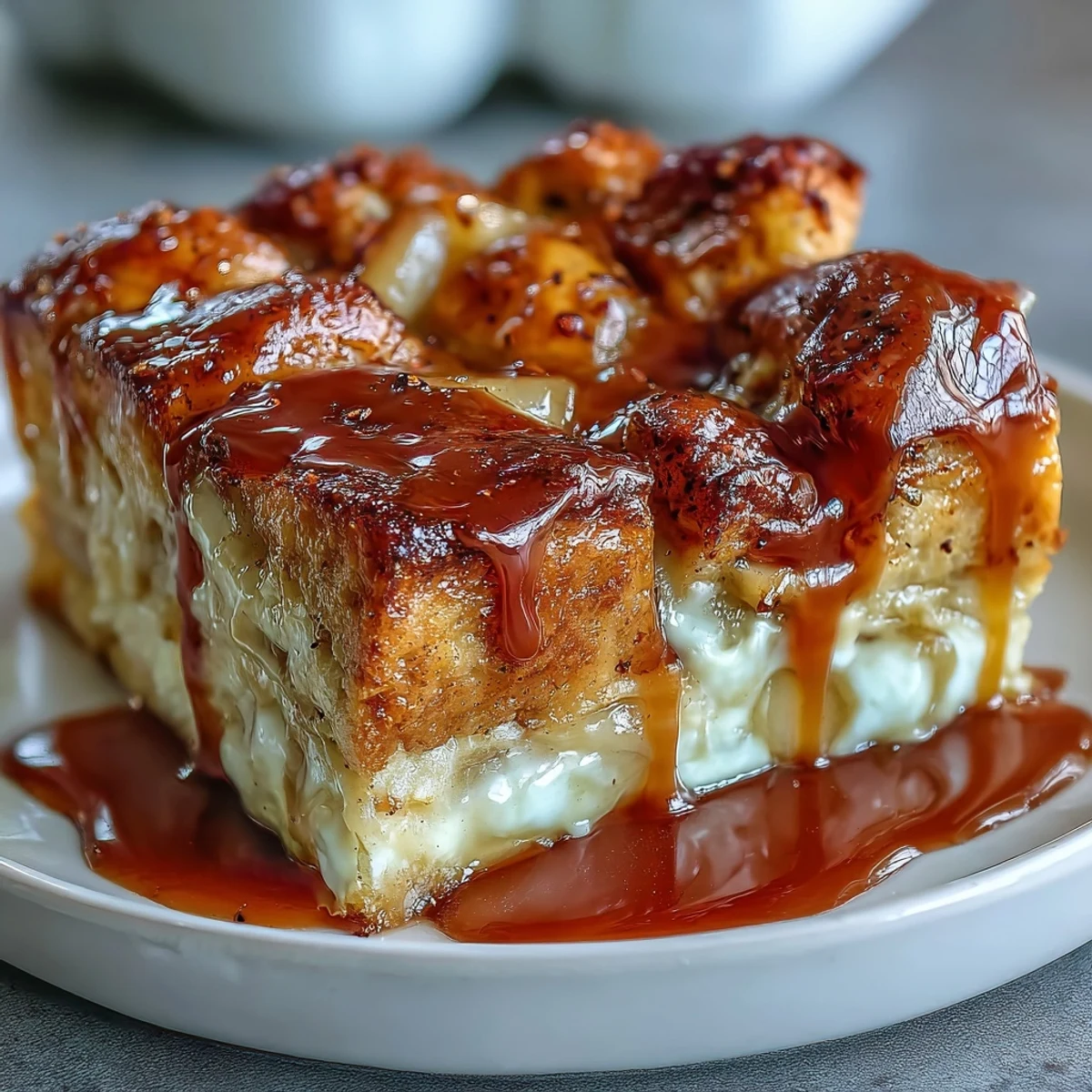 Golden, baked Caramel Apple Cheesecake Bread Pudding with fresh apple chunks and a rich custard in a ceramic dish.