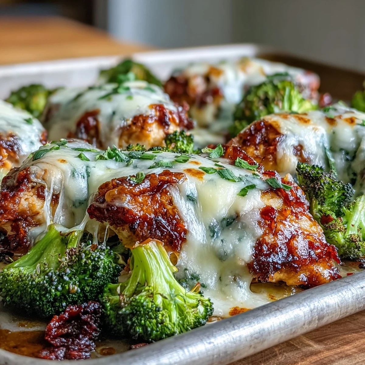 Tender chicken and roasted broccoli with melted cheddar on a baking sheet, perfect for a weeknight meal.