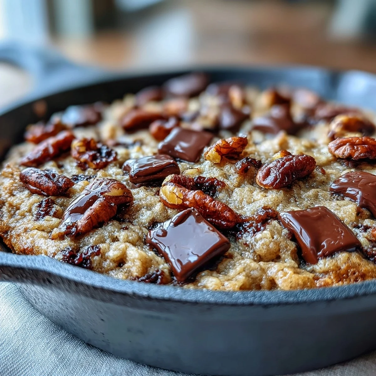 Warm Chunky Monkey Oatmeal Cookie Skillet topped with vanilla ice cream melting into gooey chocolate chips and walnuts.