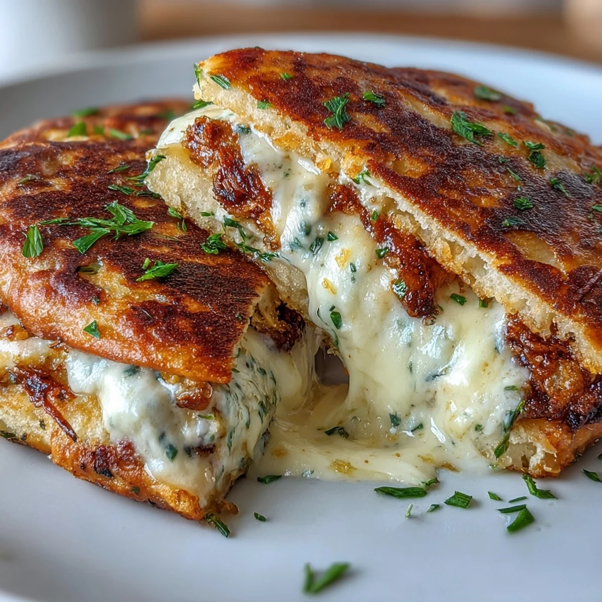Freshly grilled Brown Butter Garlic Naan Grilled Cheese, featuring crispy golden-brown bread and melted mozzarella cheese oozing from the sandwich.