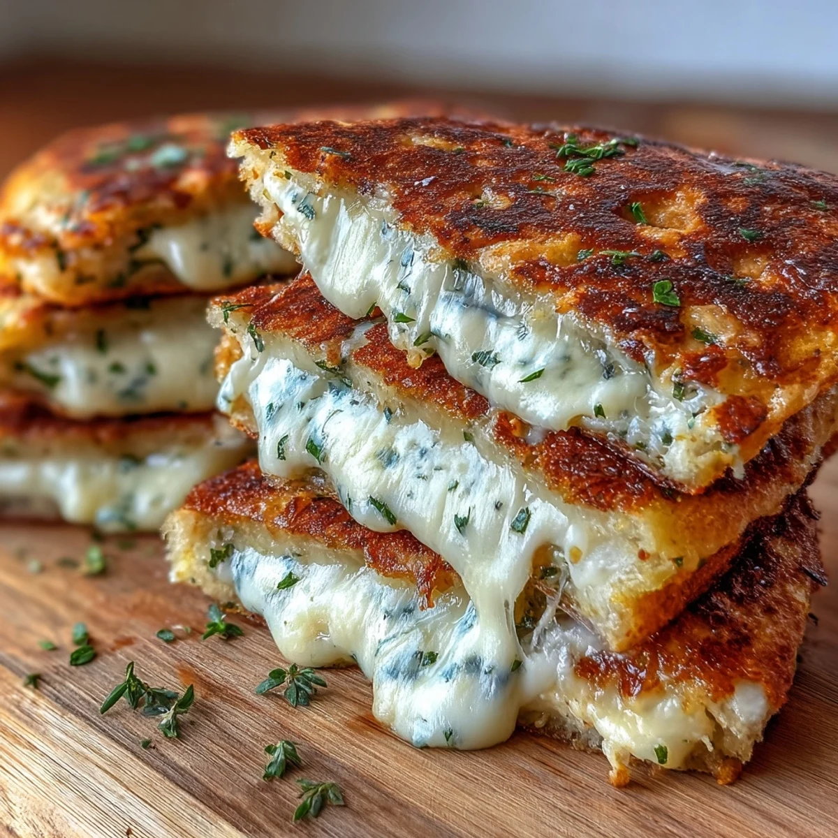 Golden, buttery slices of Brown Butter Garlic Naan Grilled Cheese, garnished with fresh chopped parsley and herbs on a rustic wooden table.