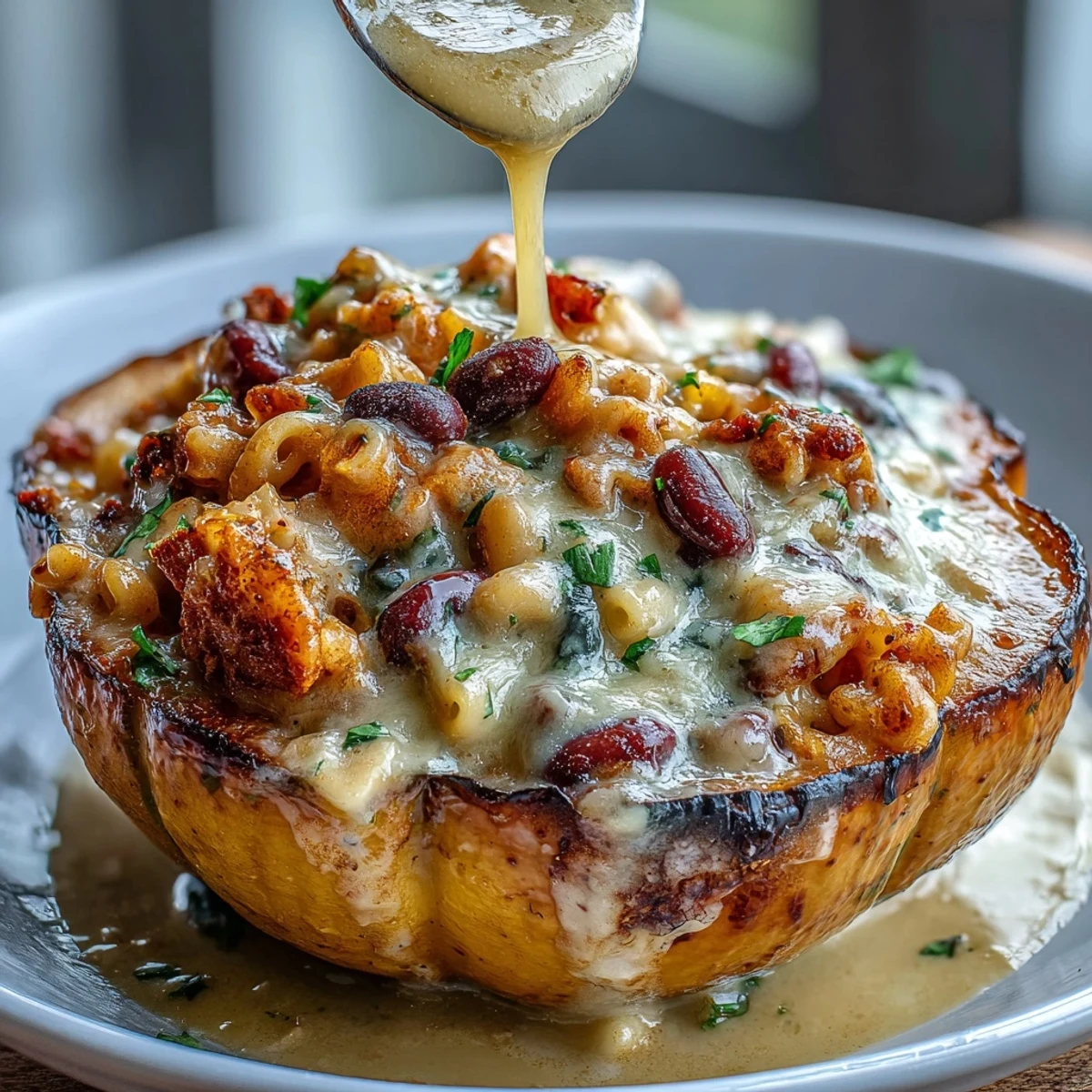Golden roasted acorn squash halves generously filled with cheesy, creamy Hot Honey Chili Mac, drizzled with extra honey.
