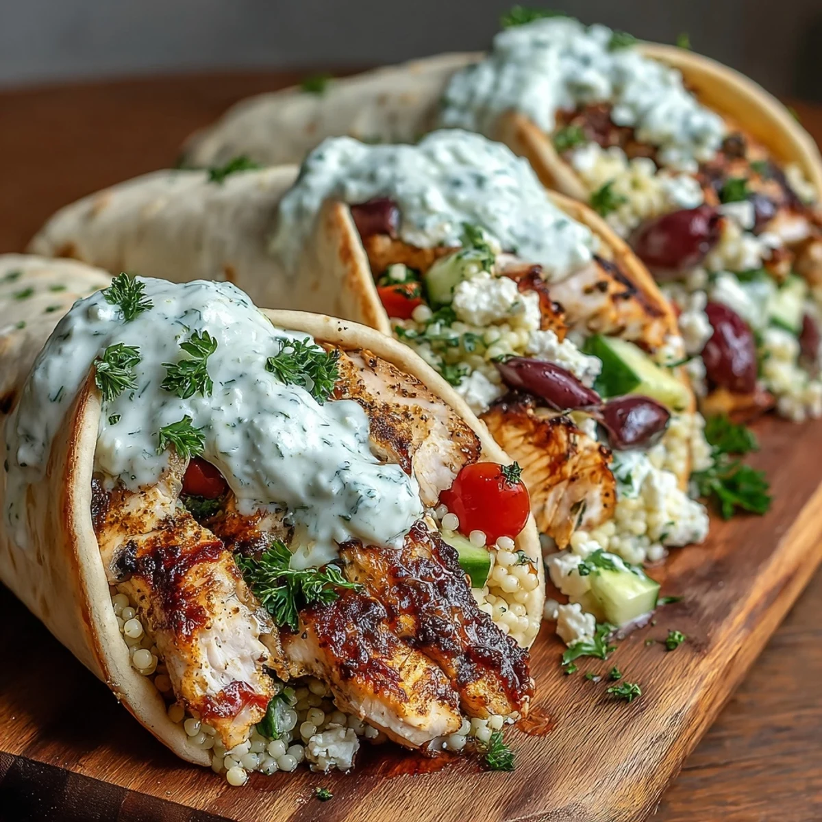 Warm Greek Chicken Feta Stuffed Pitas filled with fresh salad and creamy tzatziki sauce.
