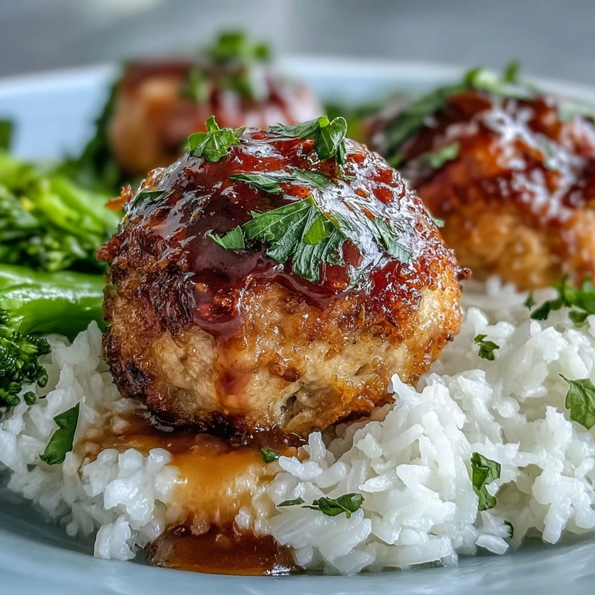 Tender Honey Garlic Turkey Meatballs are coated in sticky sauce, served over rice and sesame broccoli.