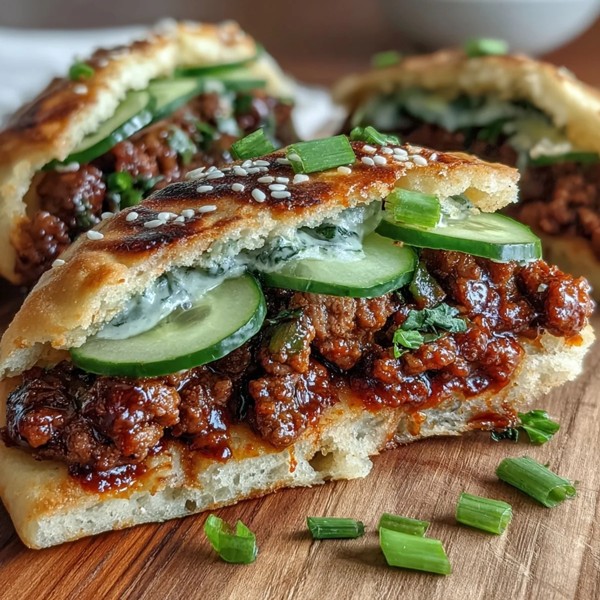 Golden-brown warm naan bread folded around savory Korean ground turkey, garnished with crisp cucumber slices and drizzled with bright red gochujang mayo.