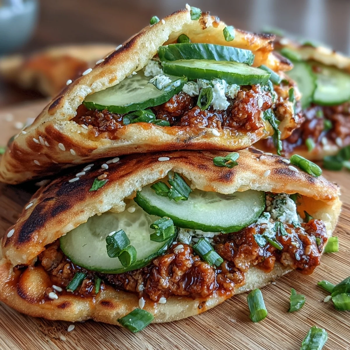 Overhead view of handheld Korean Turkey Stuffed Naan Pockets filled with seasoned turkey, topped with sesame seeds and fresh cilantro leaves.