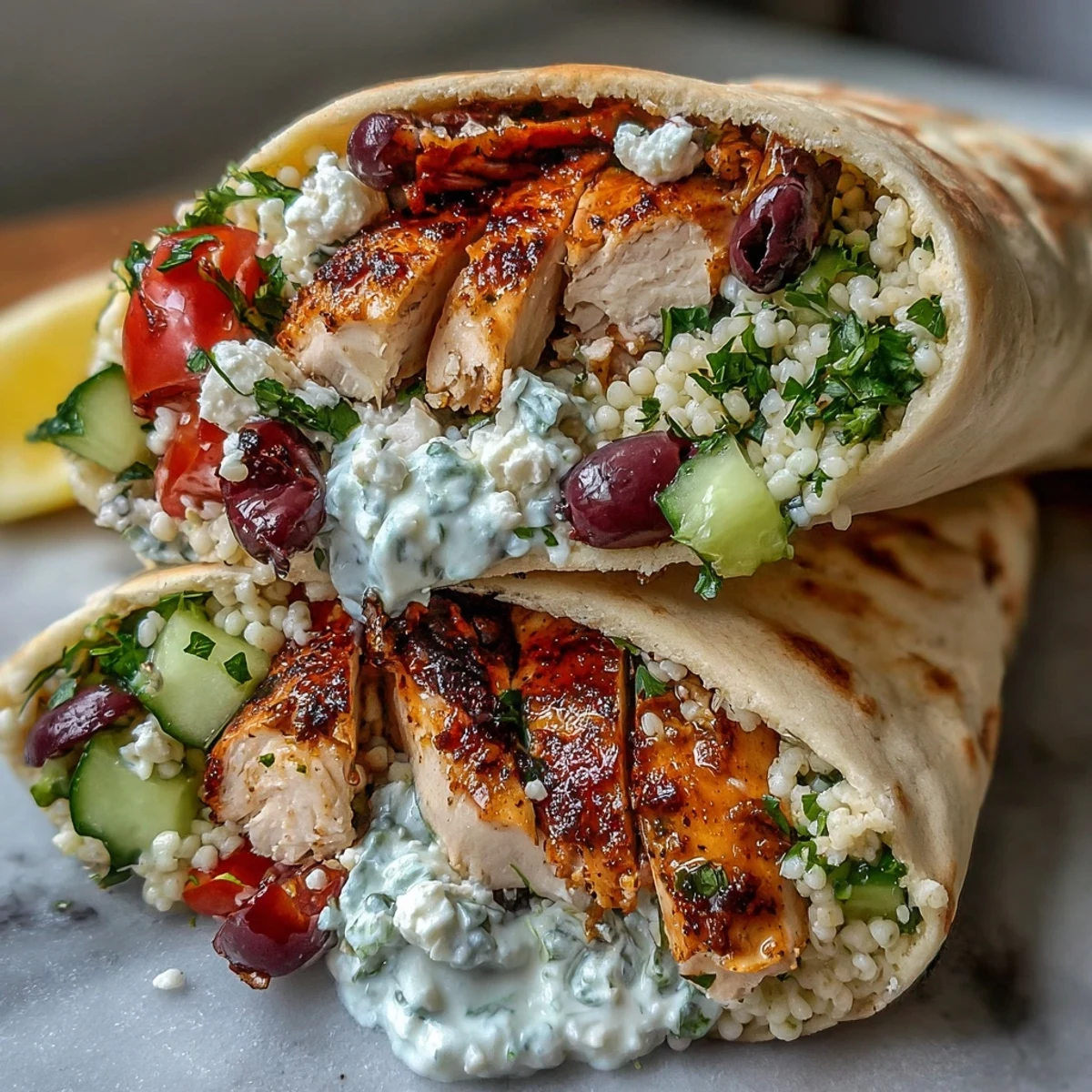 Golden-brown Greek Chicken Feta Stuffed Pitas are stuffed with pearl couscous salad, fresh veggies, and a generous dollop of tzatziki sauce.