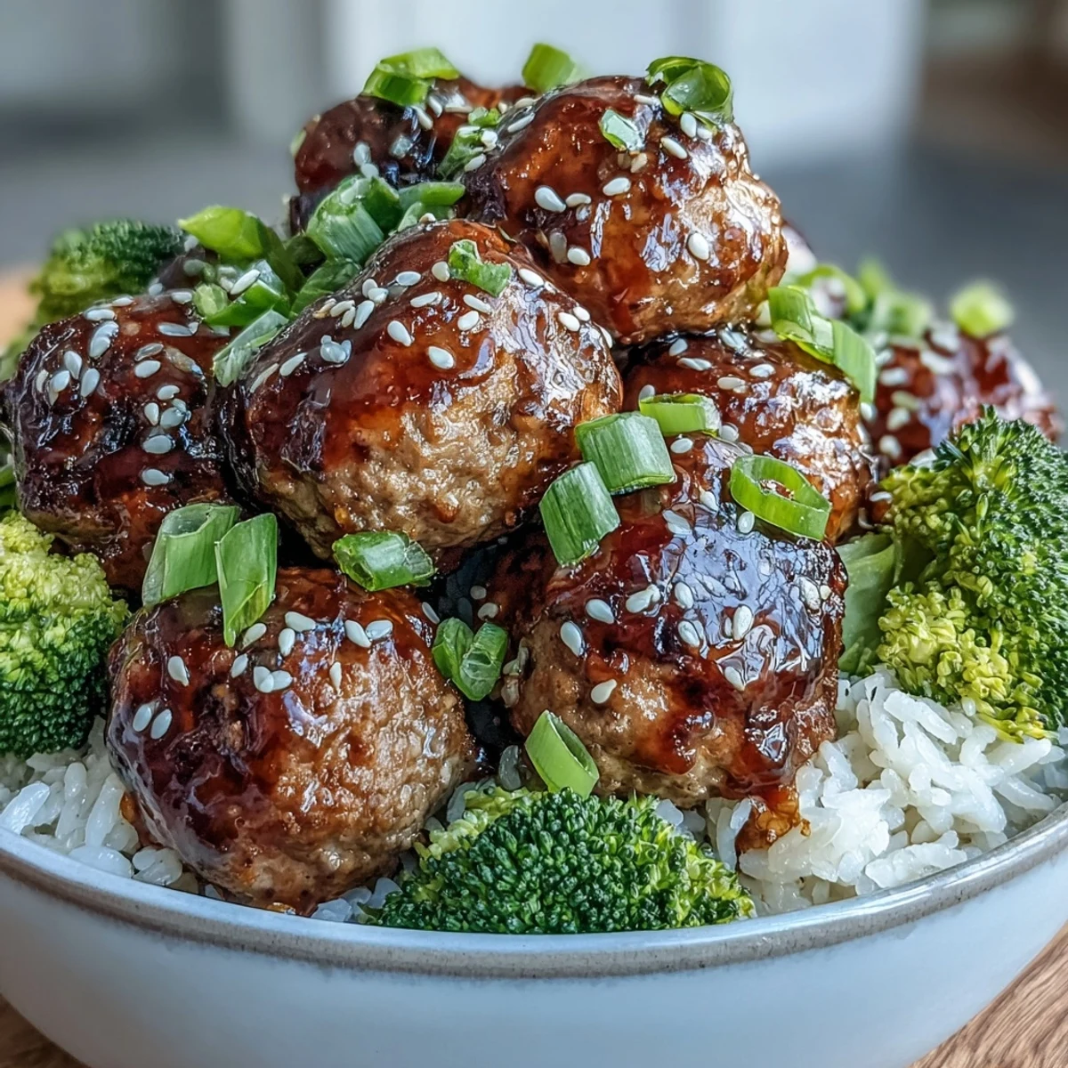 Honey Garlic Turkey Meatball Bowls feature juicy meatballs and tender broccoli over fluffy rice, drizzled with a glossy glaze.