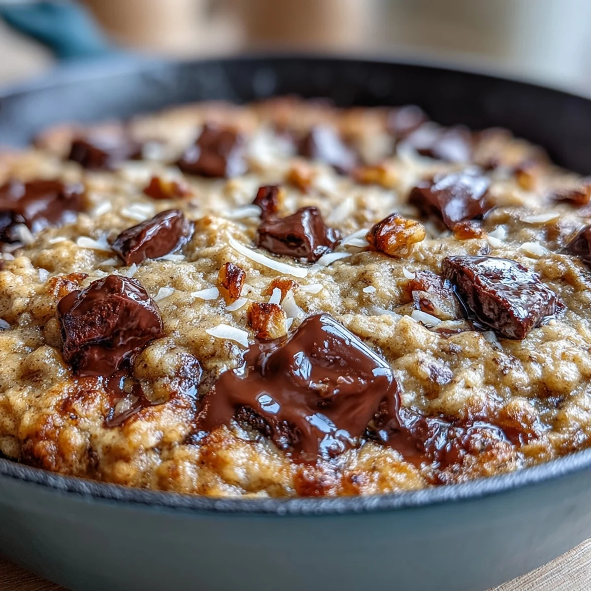 Freshly baked Chunky Monkey Oatmeal Cookie Skillet with a golden crust served directly in the cast-iron pan.