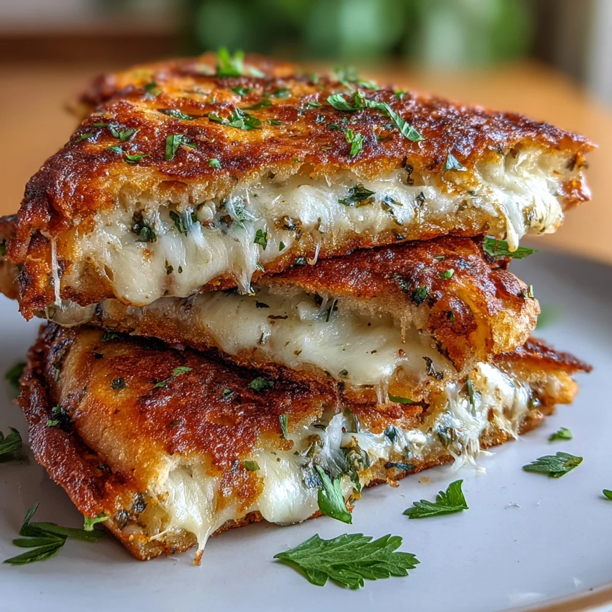 Two halves of a Butter Garlic Naan Grilled Cheese beside fresh herbs and a cup of tomato chutney.