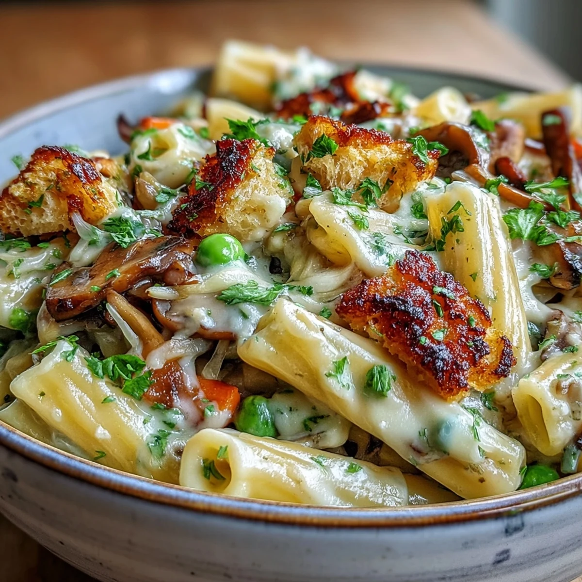 Spoonful of creamy veggie pot pie pasta reveals tender carrots and mushrooms in a savory sauce, topped with crisp crumbs.
