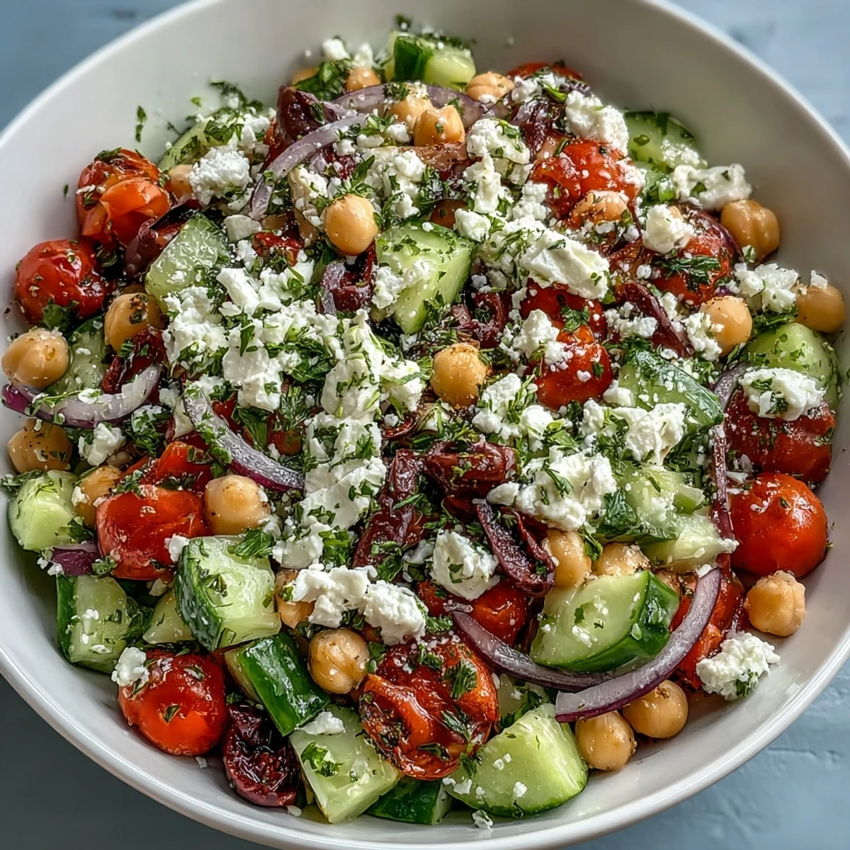 Colorful Mediterranean Chickpea Salad in a white bowl with red onion, bell peppers, and chickpeas ready to serve as a light meal.