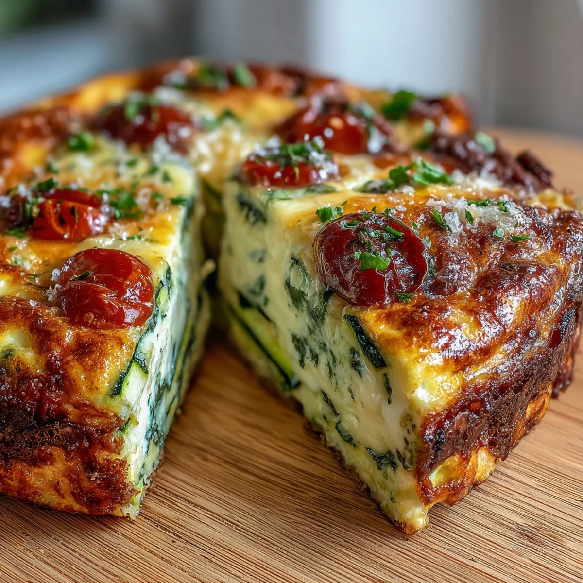 Golden, puffed Light Zucchini and Tomato Frittata slices, loaded with zucchini, cherry tomatoes, and fresh basil, served warm on a white plate.