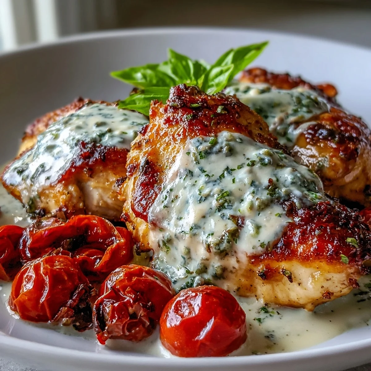 Golden-brown chicken breasts in a creamy green pesto sauce, topped with roasted cherry tomatoes, served over cauliflower rice for a keto weeknight dinner.