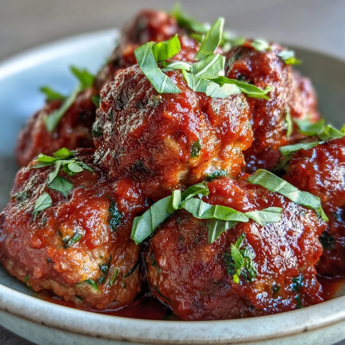 Baked Clean Eating Turkey and Veggie Meatballs with Marinara, garnished with fresh basil on pasta.