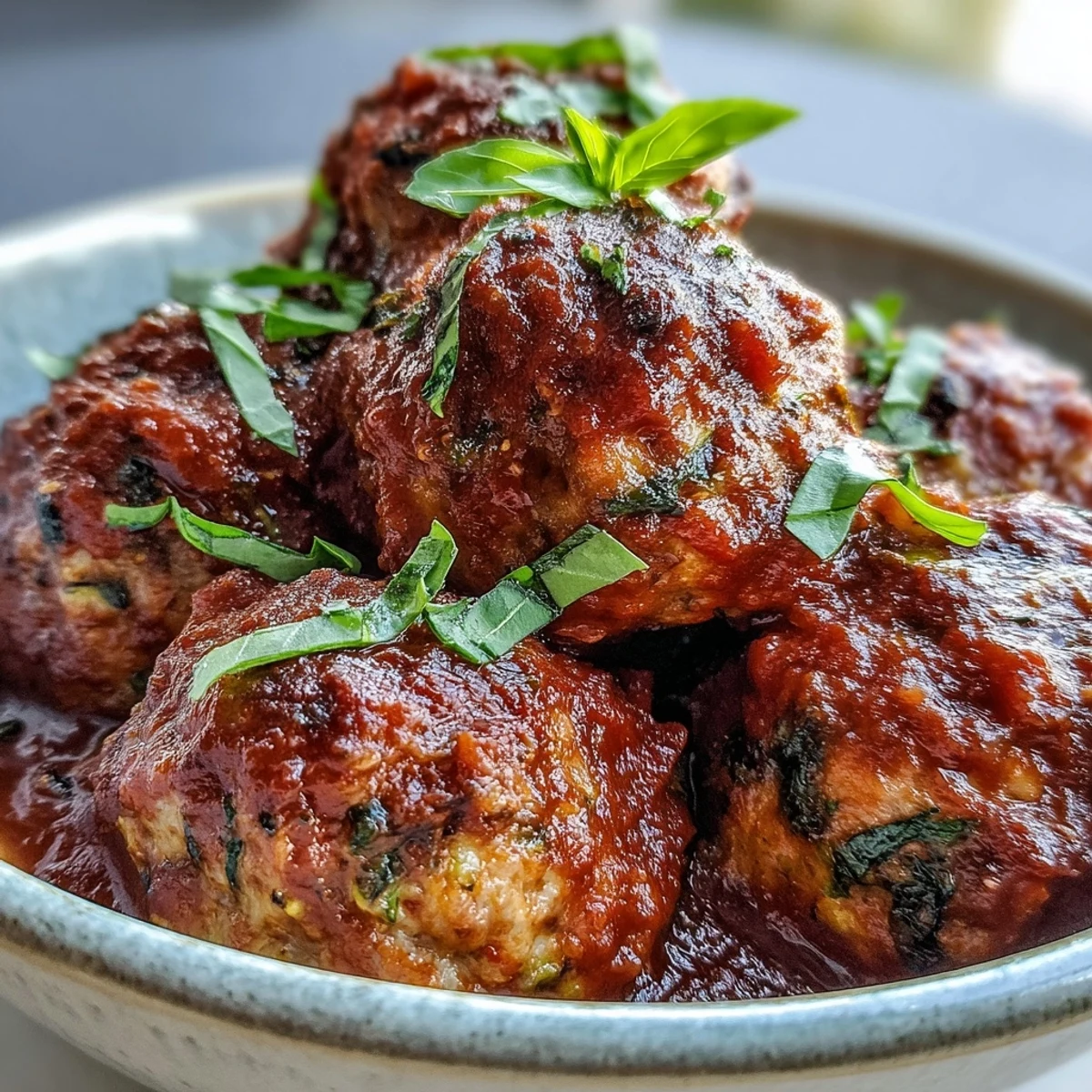 Platter of Clean Eating Turkey and Veggie Meatballs in rich marinara, served over zucchini noodles.