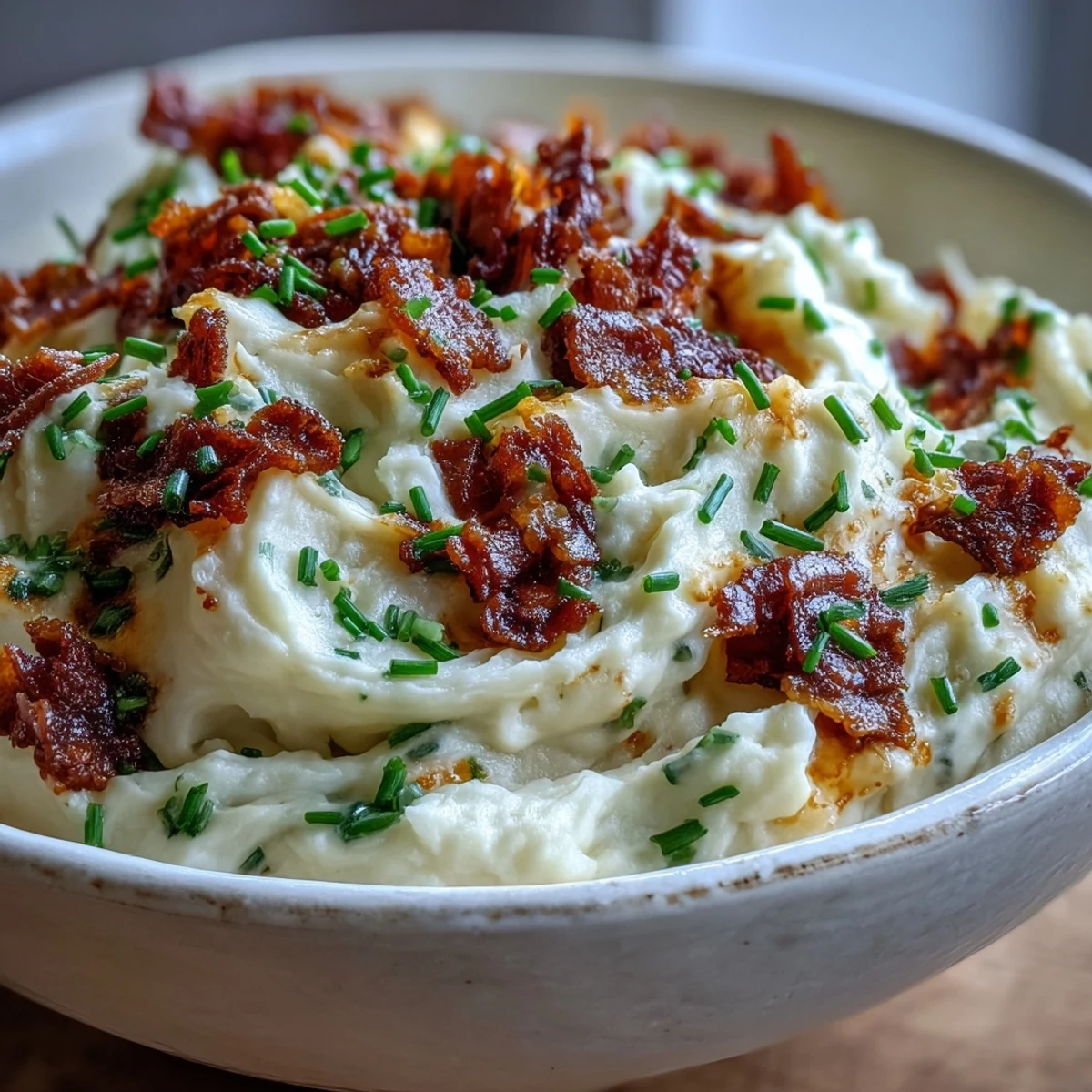 Creamy Keto Bacon and Cheddar Cauliflower Mash served warm in a rustic bowl, garnished with fresh chives and extra crispy bacon crumbles.