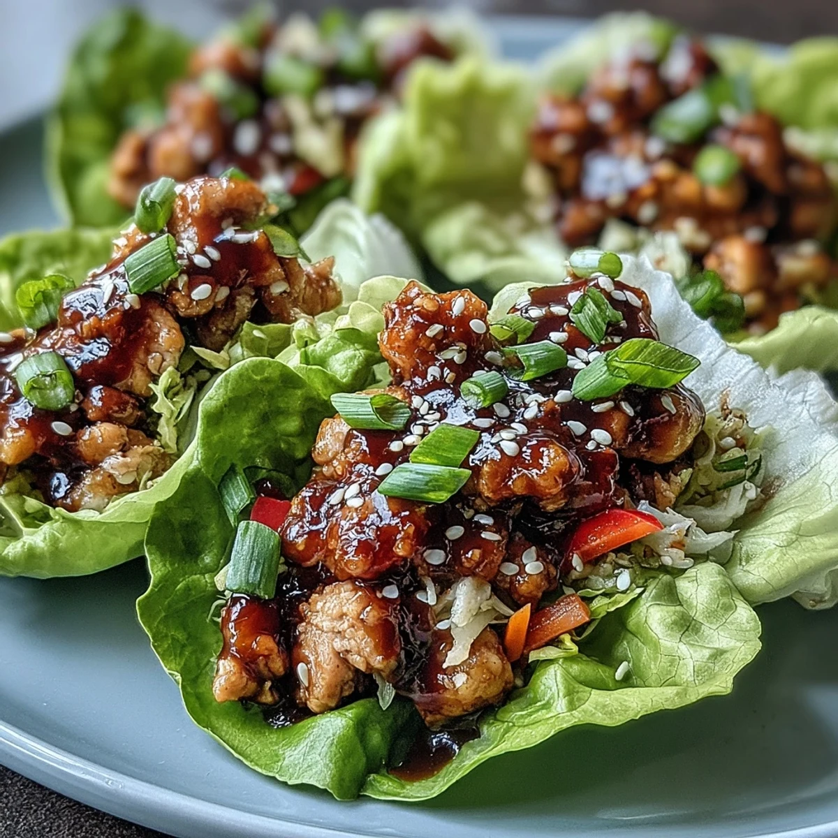 Tender lettuce wraps filled with aromatic ginger-garlic ground chicken, crisp red bell peppers, and toasted sesame seeds, served as a light low carb weeknight appetizer or main dish.