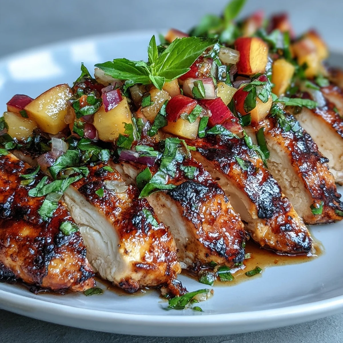 Tender grilled chicken breasts topped with sweet and savory diced peach basil salsa, ready to be enjoyed.