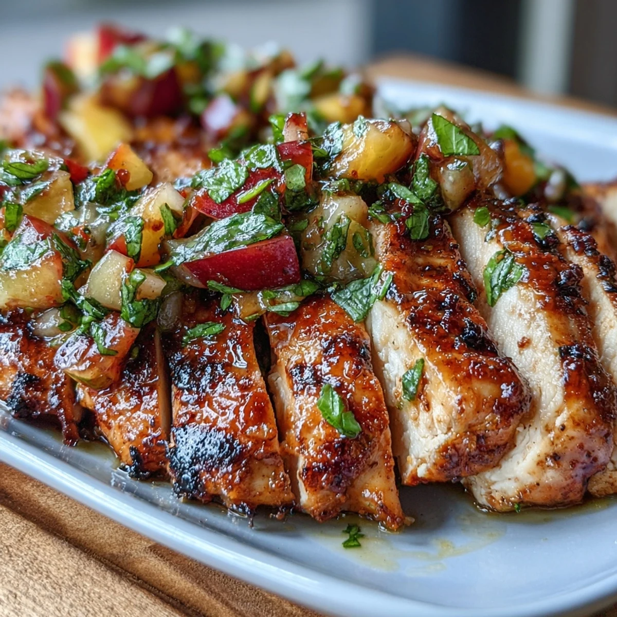 A close up of juicy sliced Grilled Chicken with Peach Basil Salsa, garnished with fresh basil for a healthy dinner.